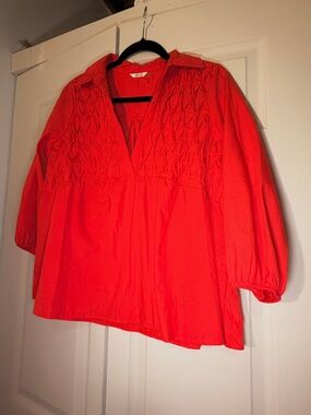 Kaktus Coral-Red Smocked V-Neck Blouse